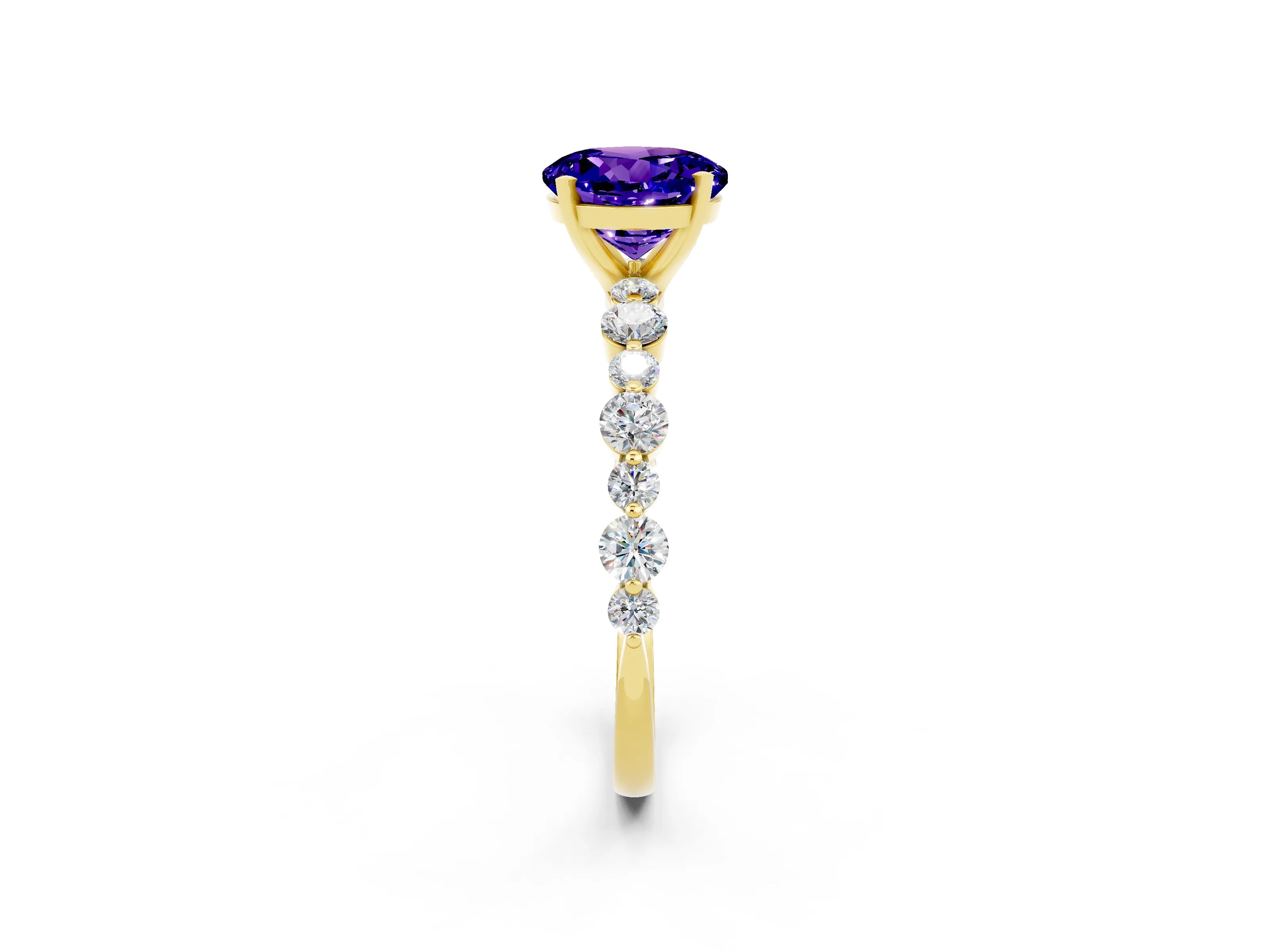 Yellow gold Round Cut Tanzanite Prong Set Engagement Ring with Pavé Band_2