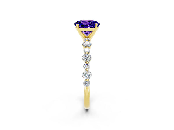 Yellow gold Round Cut Tanzanite Prong Set Engagement Ring with Pavé Band