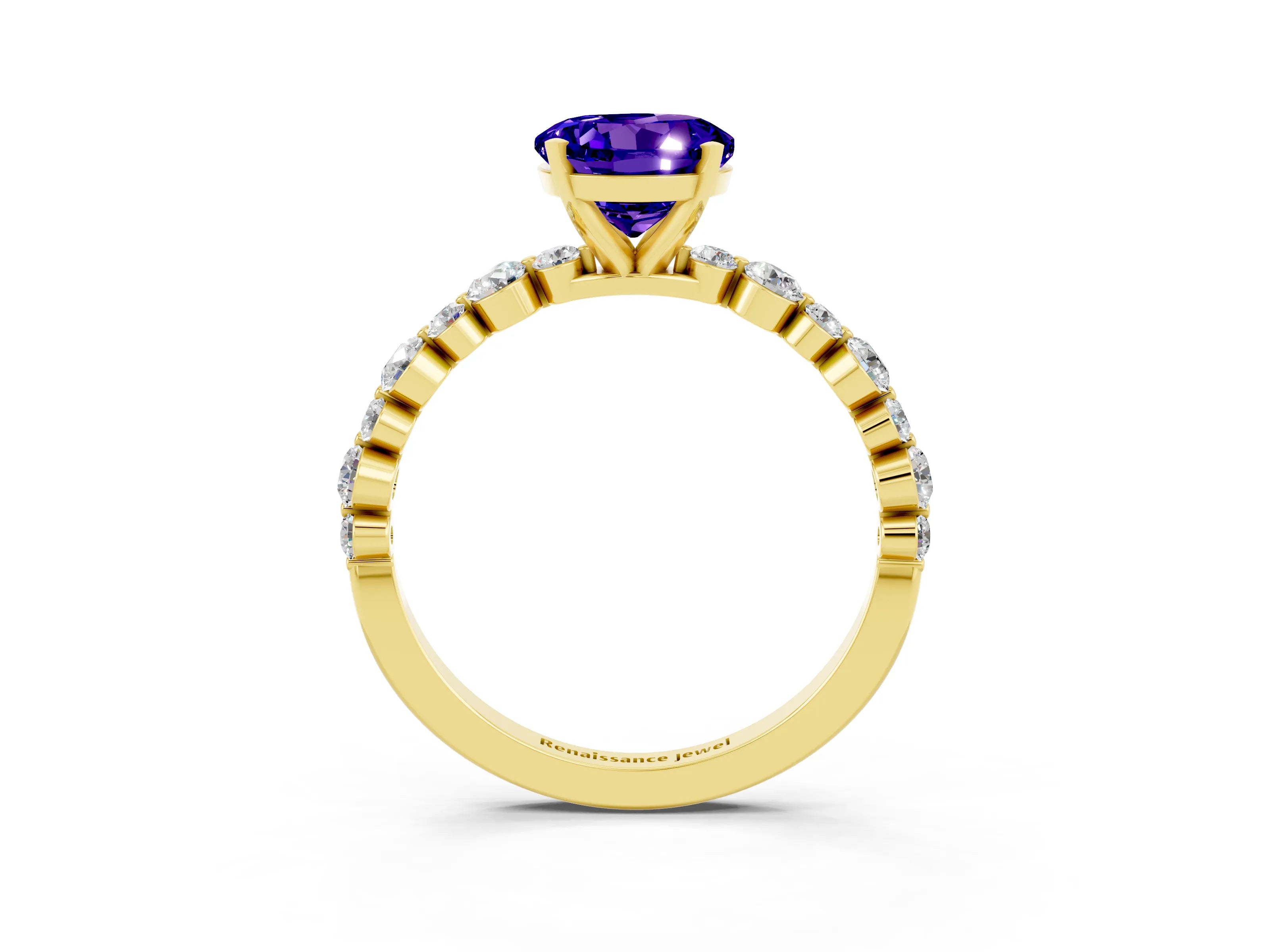 Yellow gold Round Cut Tanzanite Prong Set Engagement Ring with Pavé Band_3