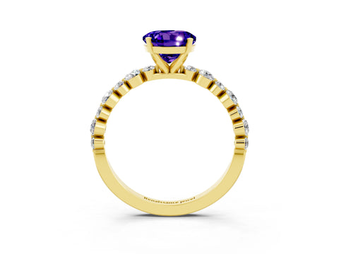 Yellow gold Round Cut Tanzanite Prong Set Engagement Ring with Pavé Band_3
