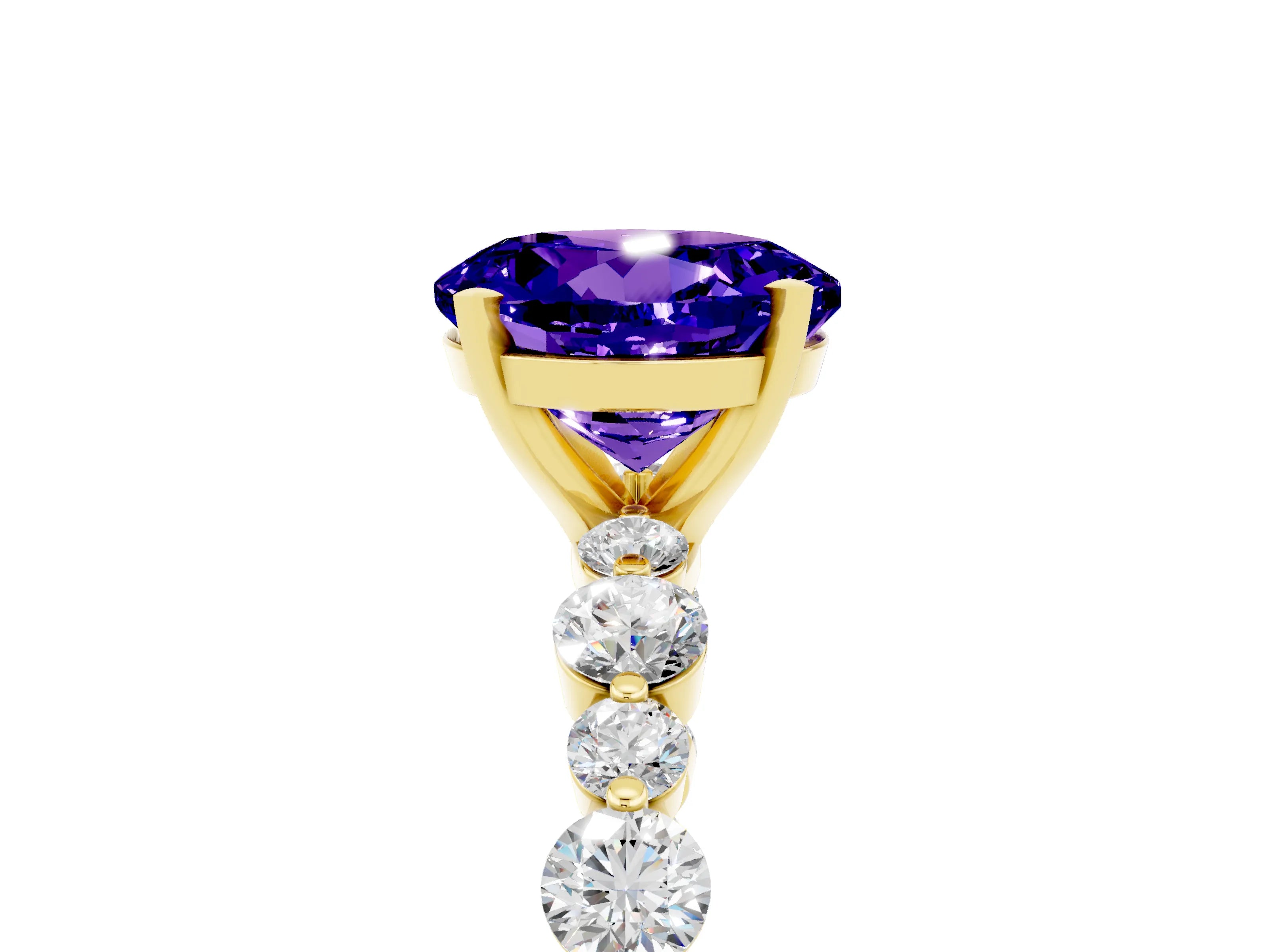 Yellow gold Round Cut Tanzanite Prong Set Engagement Ring with Pavé Band_5