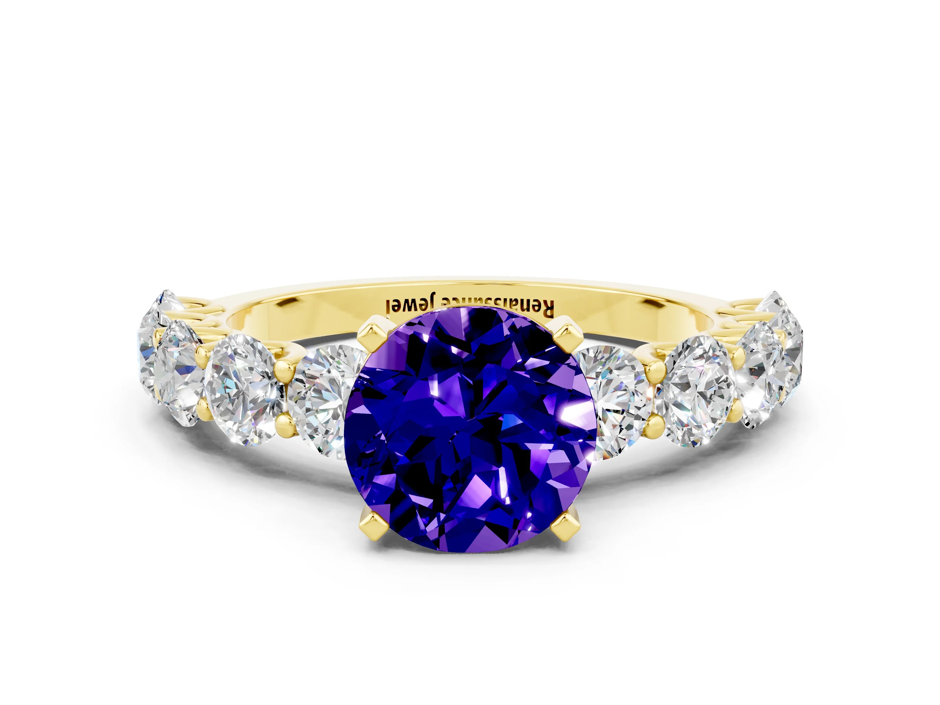Yellow gold Round Cut Tanzanite Prong Setting with Side Stones on a Pave Band