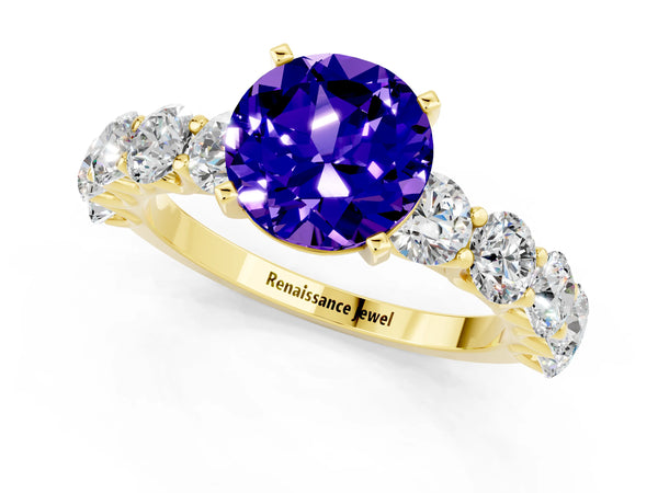 Yellow gold Round Cut Tanzanite Prong Setting with Side Stones on a Pave Band