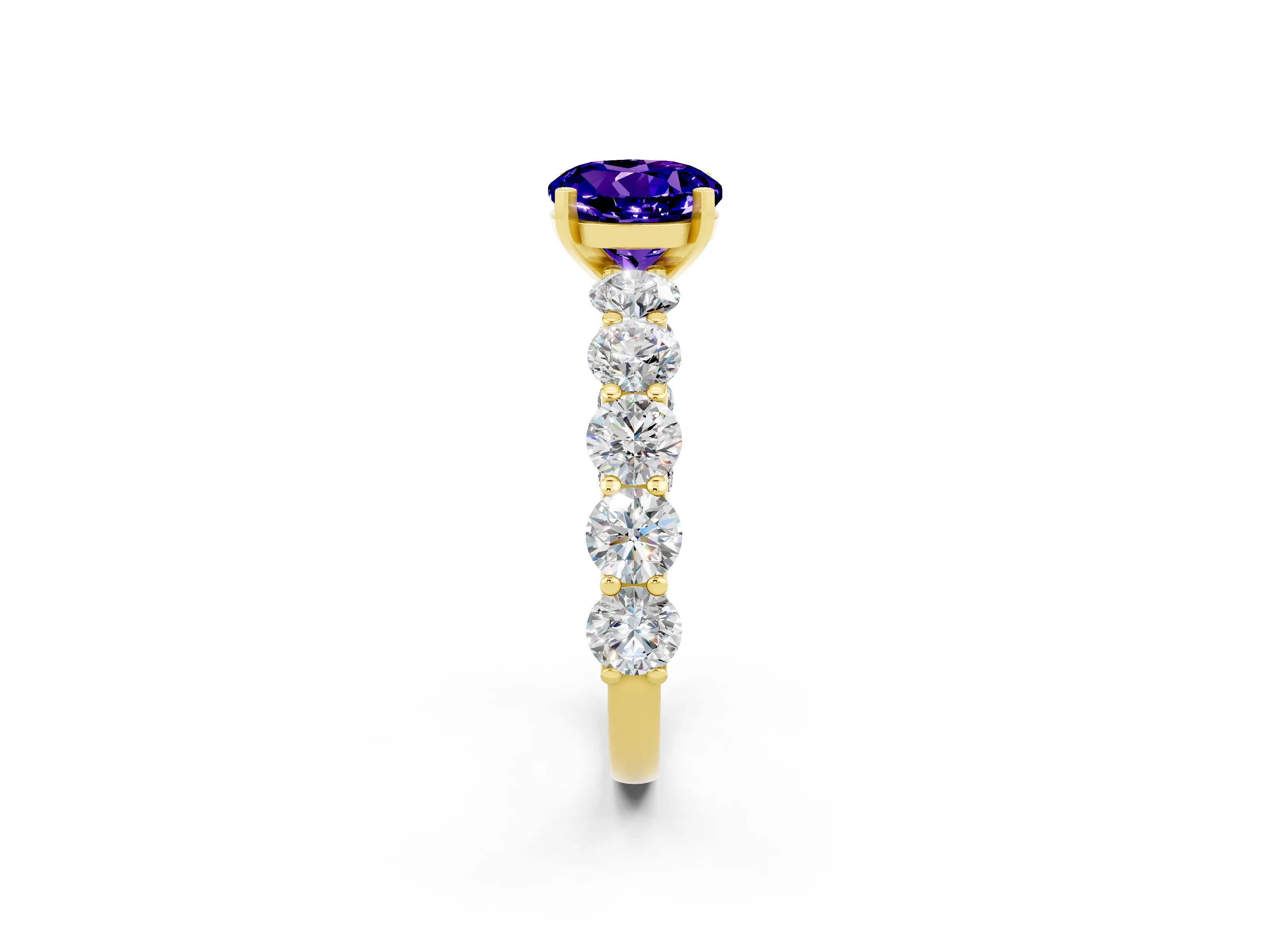 Yellow gold Round Cut Tanzanite Prong Setting with Side Stones on a Pave Band_2