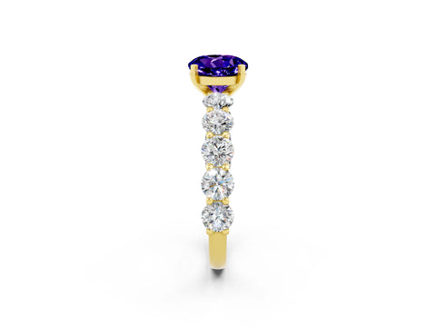 Yellow gold Round Cut Tanzanite Prong Setting with Side Stones on a Pave Band_2