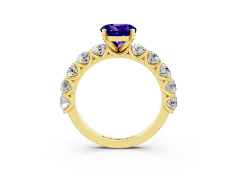 Yellow gold Round Cut Tanzanite Prong Setting with Side Stones on a Pave Band_3