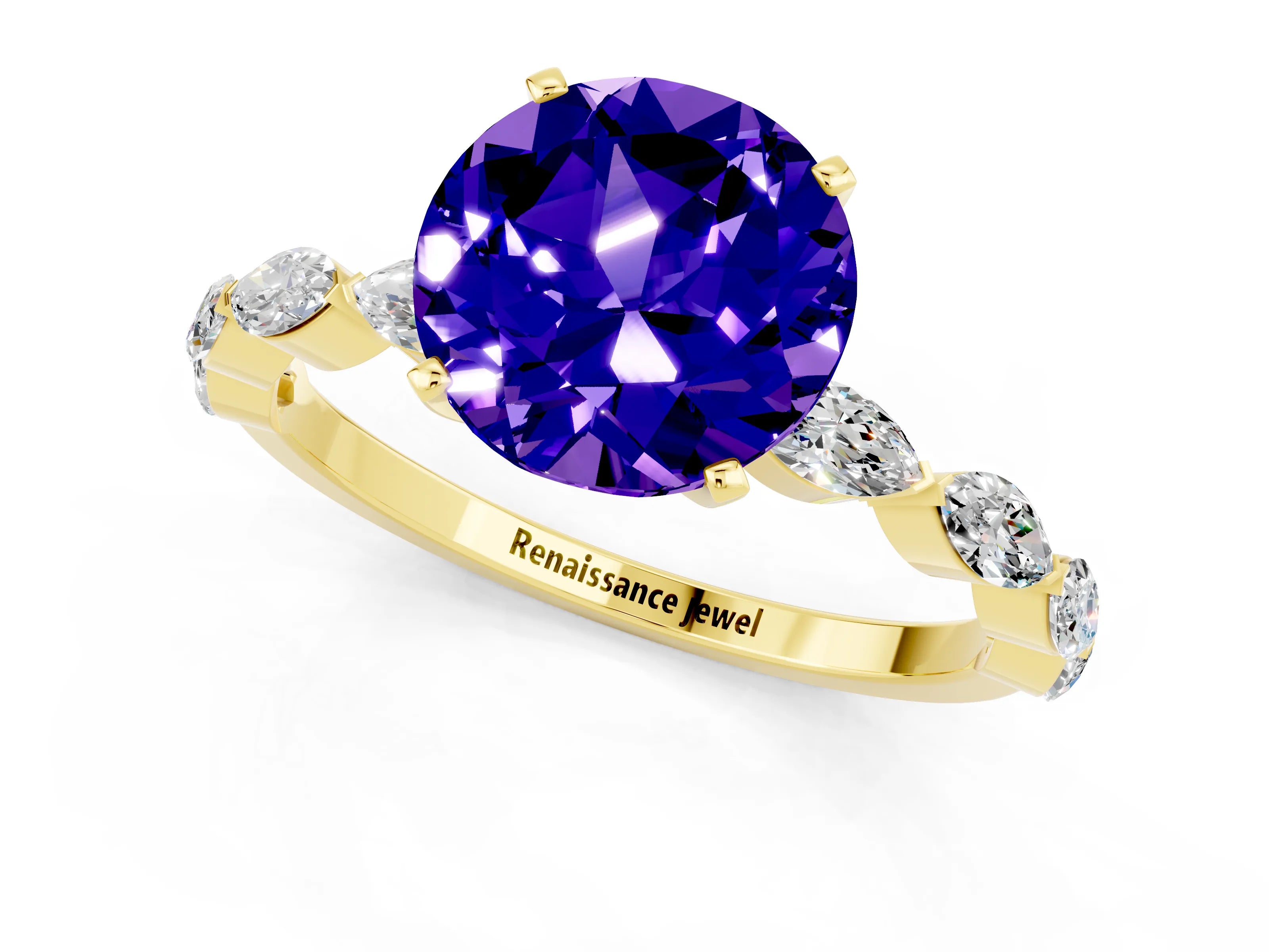 Yellow gold Round Cut Tanzanite Ring with Marquise Side Stones and Prong Setting_1