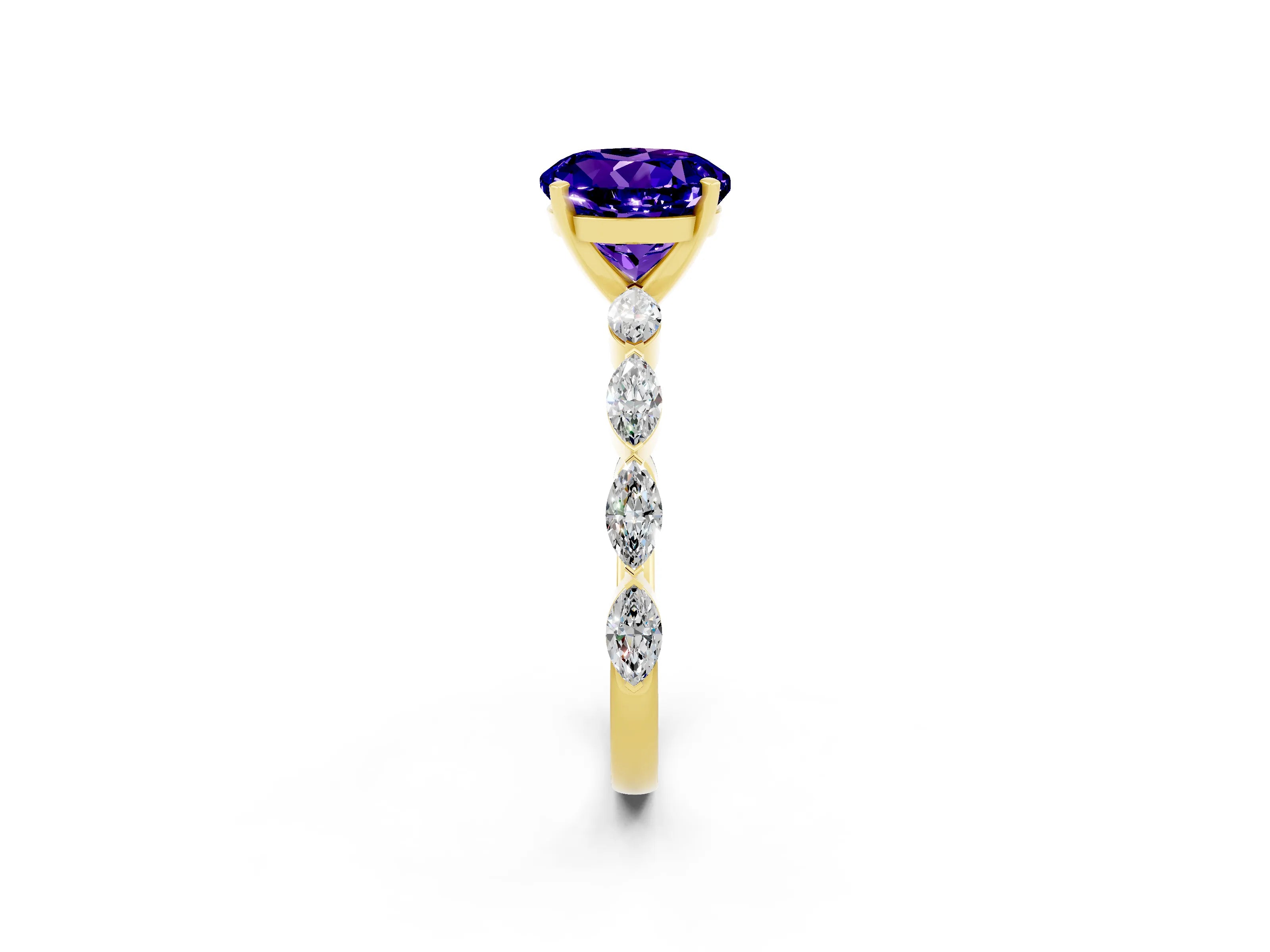 Yellow gold Round Cut Tanzanite Ring with Marquise Side Stones and Prong Setting_2