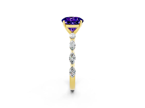 Yellow gold Round Cut Tanzanite Ring with Marquise Side Stones and Prong Setting