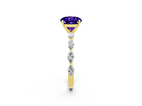 Yellow gold Round Cut Tanzanite Ring with Marquise Side Stones and Prong Setting_2