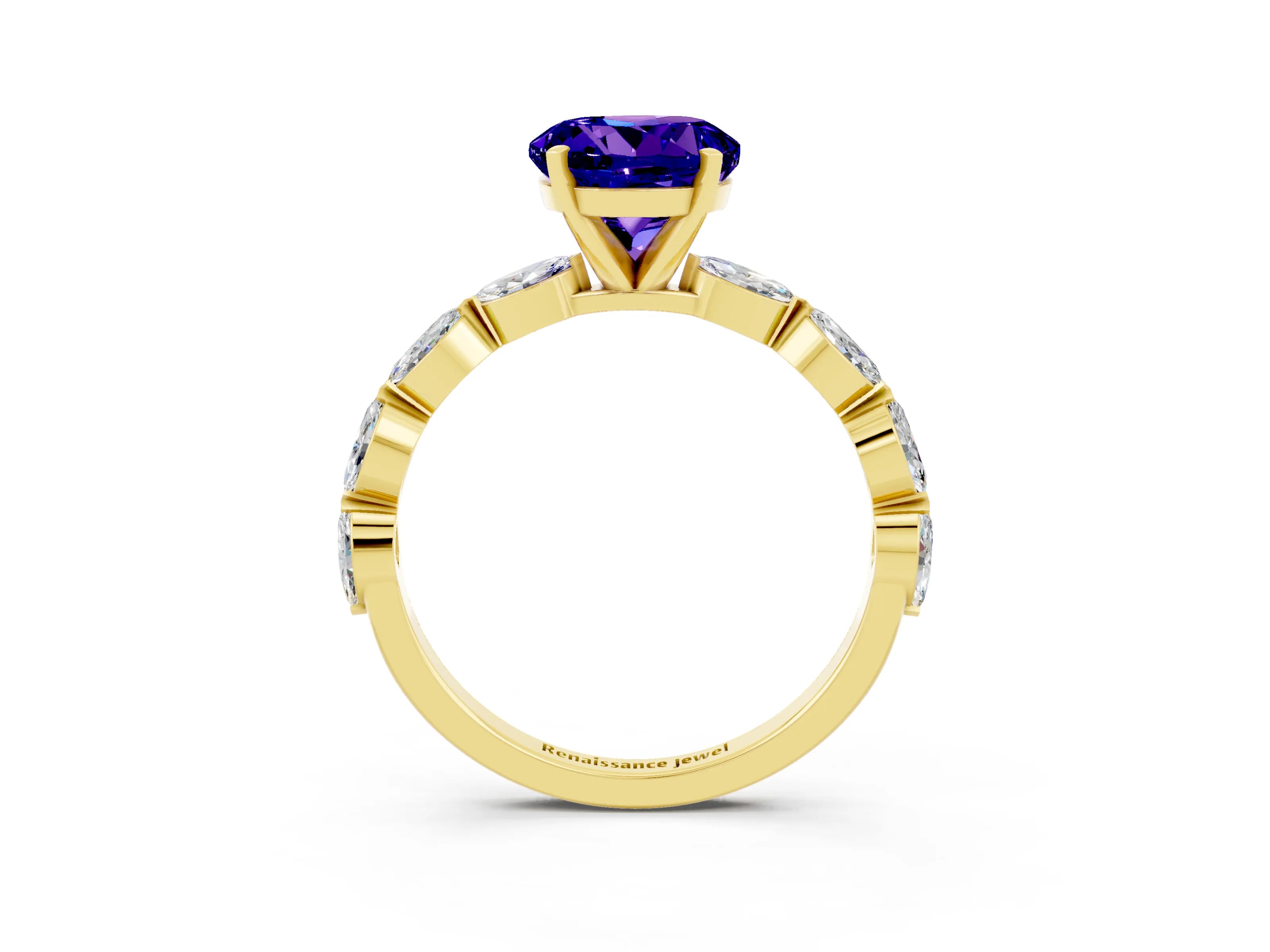 Yellow gold Round Cut Tanzanite Ring with Marquise Side Stones and Prong Setting_3