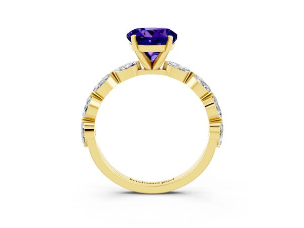 Yellow gold Round Cut Tanzanite Ring with Marquise Side Stones and Prong Setting