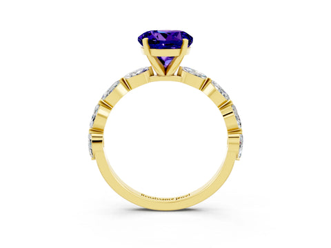Yellow gold Round Cut Tanzanite Ring with Marquise Side Stones and Prong Setting_3