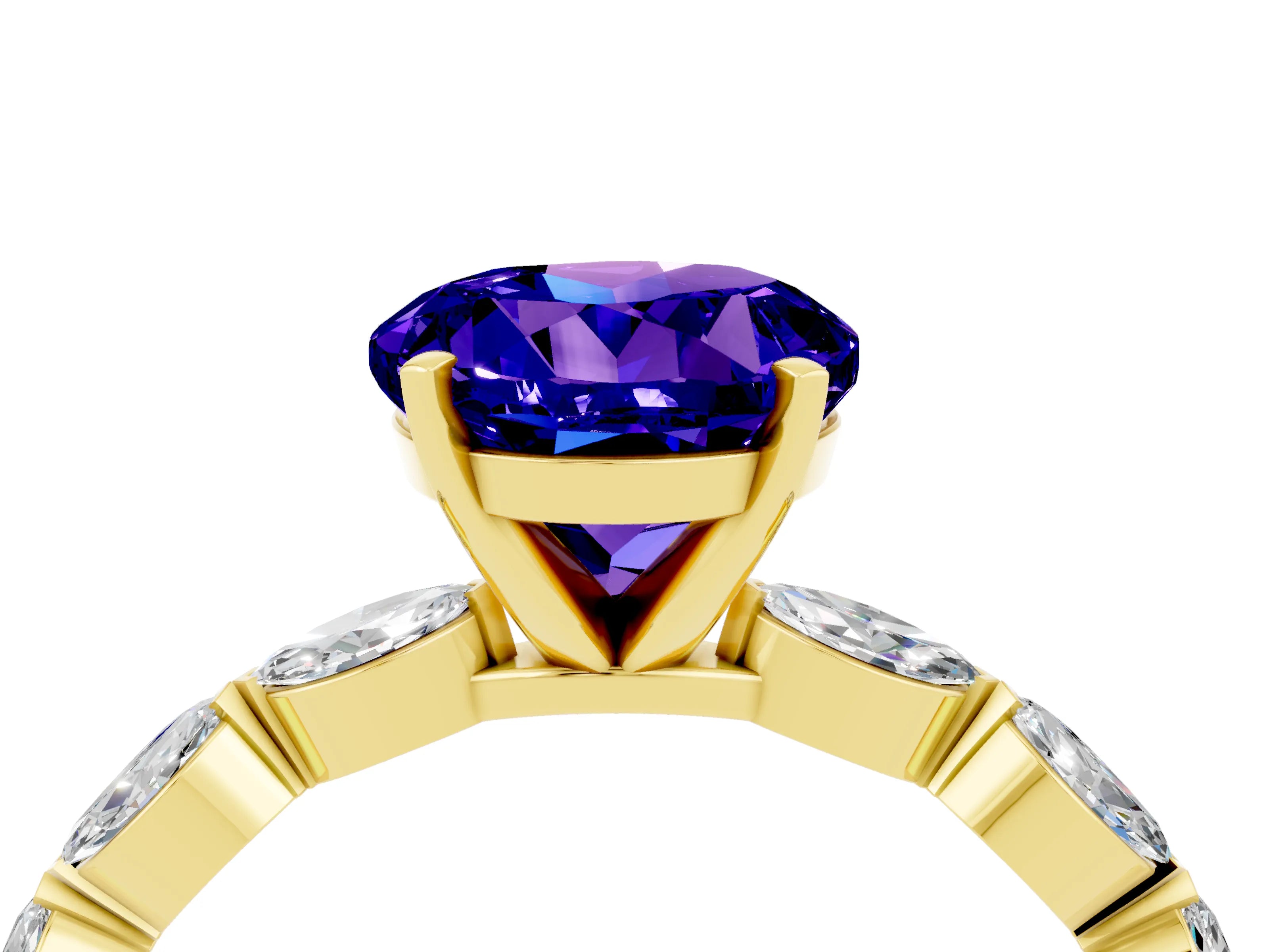 Yellow gold Round Cut Tanzanite Ring with Marquise Side Stones and Prong Setting_4