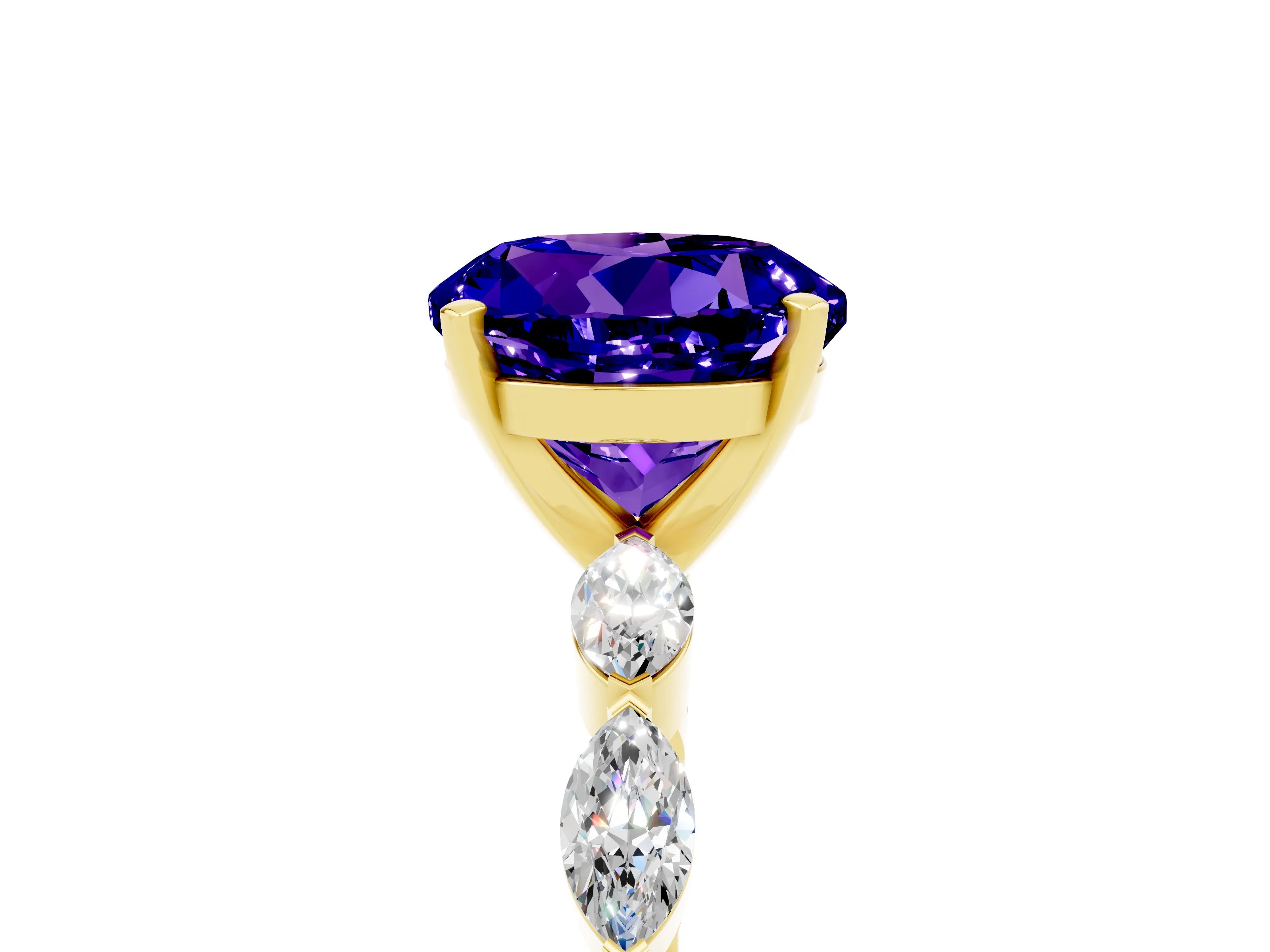 Yellow gold Round Cut Tanzanite Ring with Marquise Side Stones and Prong Setting_5