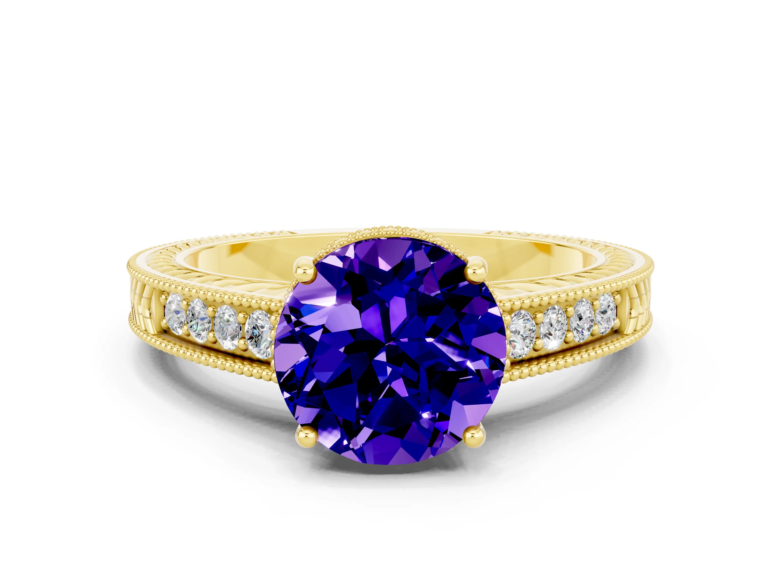 Yellow gold Round Cut Tanzanite Ring with Milgrain Pavé Band and Four-Prong Setting_12