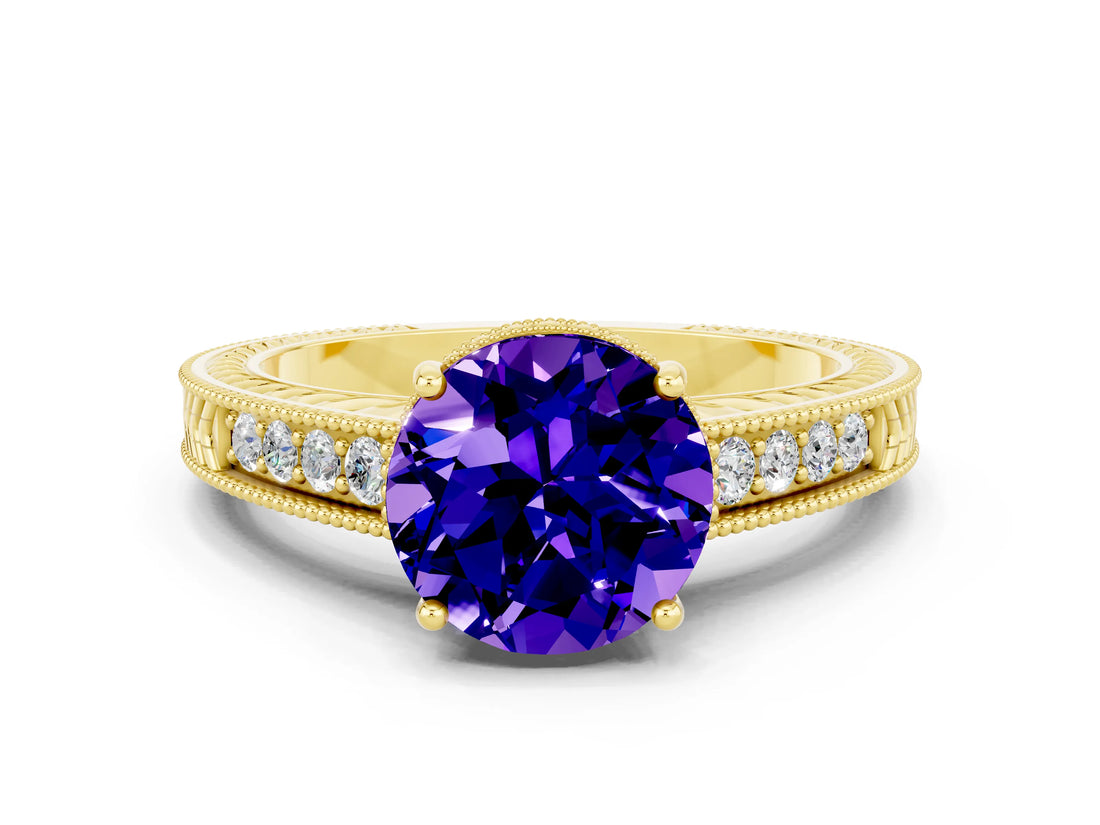 Yellow gold Round Cut Tanzanite Ring with Milgrain Pavé Band and Four-Prong Setting_12