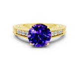 Yellow gold Round Cut Tanzanite Ring with Milgrain Pavé Band and Four-Prong Setting_12