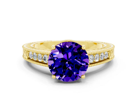 Yellow gold Round Cut Tanzanite Ring with Milgrain Pavé Band and Four-Prong Setting_12