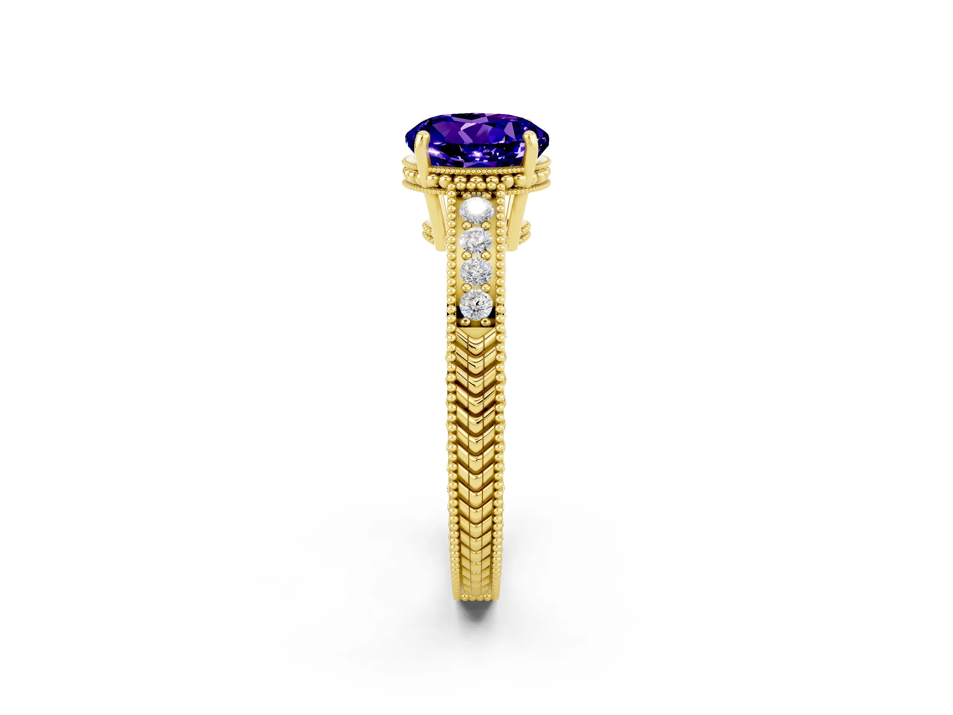 Yellow gold Round Cut Tanzanite Ring with Milgrain Pavé Band and Four-Prong Setting_14