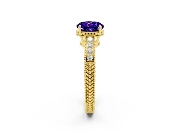 Yellow gold Round Cut Tanzanite Ring with Milgrain Pavé Band and Four-Prong Setting