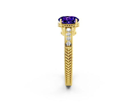 Yellow gold Round Cut Tanzanite Ring with Milgrain Pavé Band and Four-Prong Setting_14