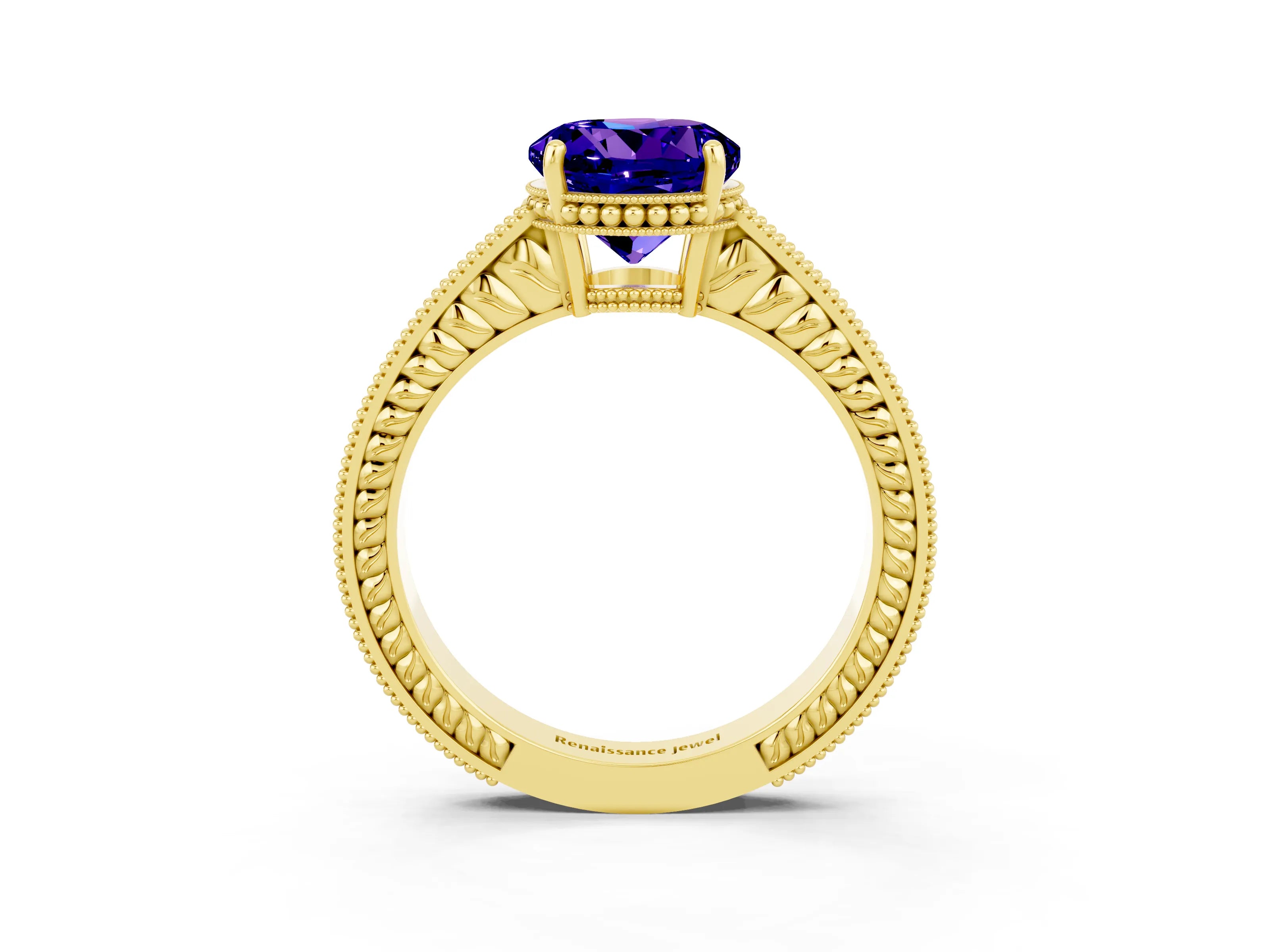Yellow gold Round Cut Tanzanite Ring with Milgrain Pavé Band and Four-Prong Setting_15