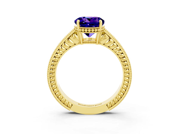 Yellow gold Round Cut Tanzanite Ring with Milgrain Pavé Band and Four-Prong Setting