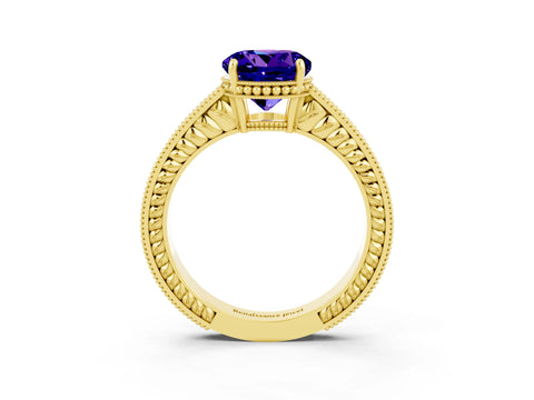 Yellow gold Round Cut Tanzanite Ring with Milgrain Pavé Band and Four-Prong Setting_15