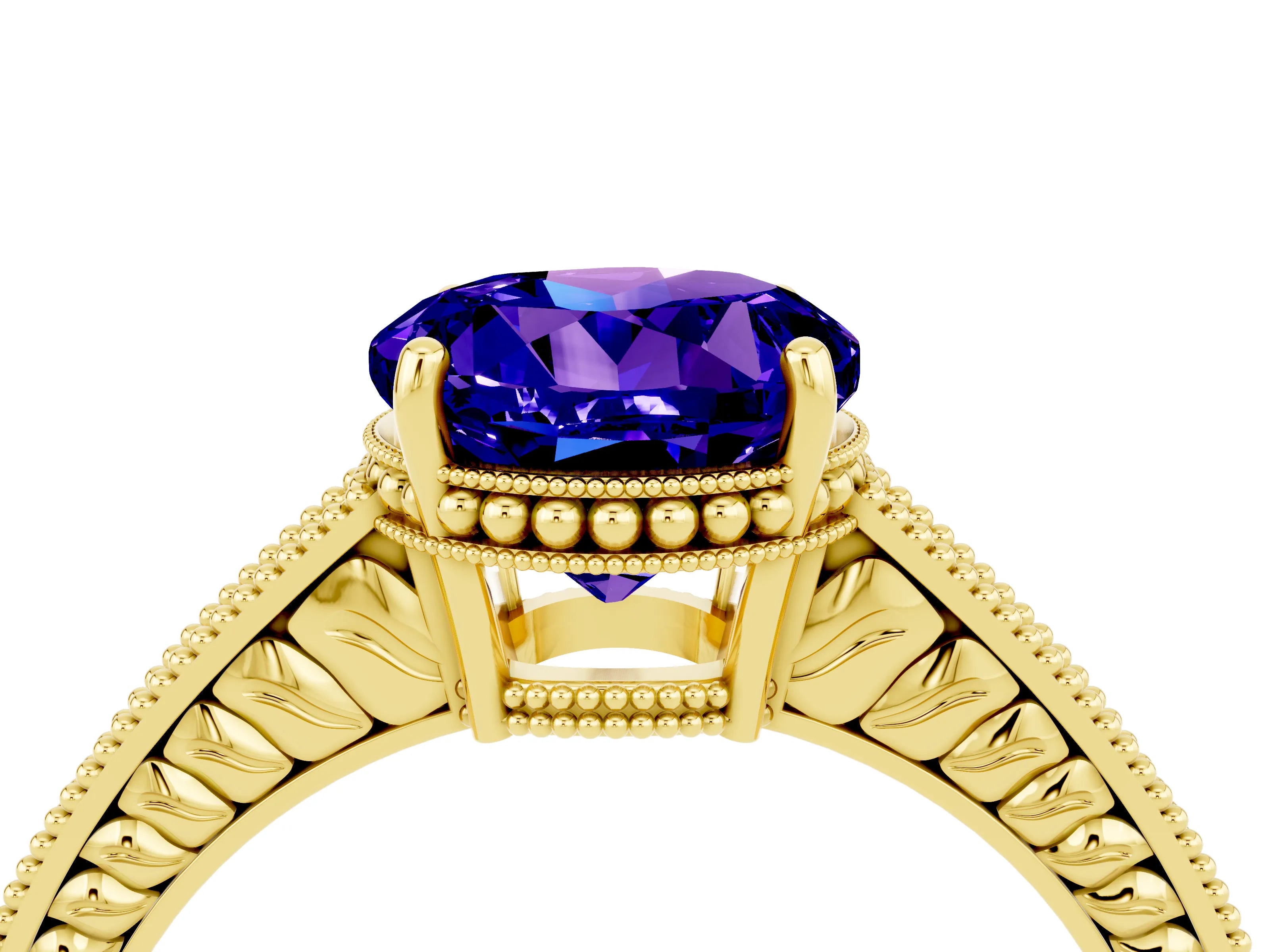 Yellow gold Round Cut Tanzanite Ring with Milgrain Pavé Band and Four-Prong Setting_16