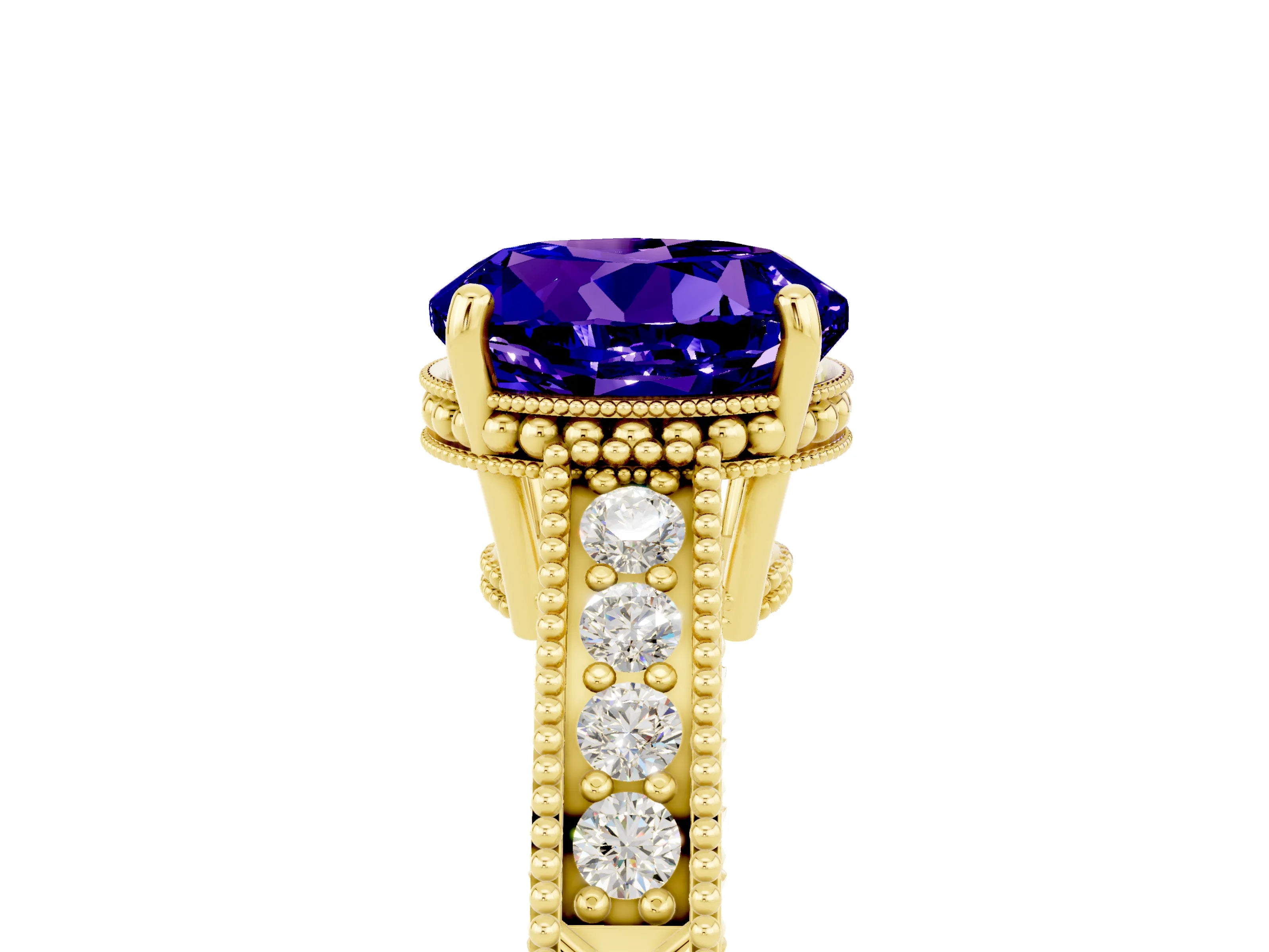 Yellow gold Round Cut Tanzanite Ring with Milgrain Pavé Band and Four-Prong Setting_17