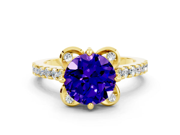 Yellow gold Round Cut Tanzanite Ring with Pavé Band and Floral Prong Setting