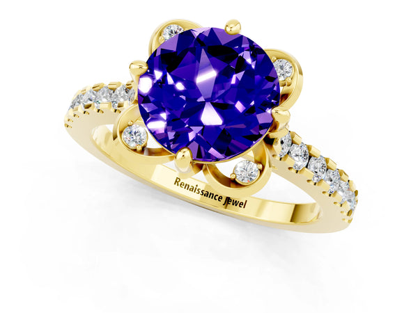 Yellow gold Round Cut Tanzanite Ring with Pavé Band and Floral Prong Setting