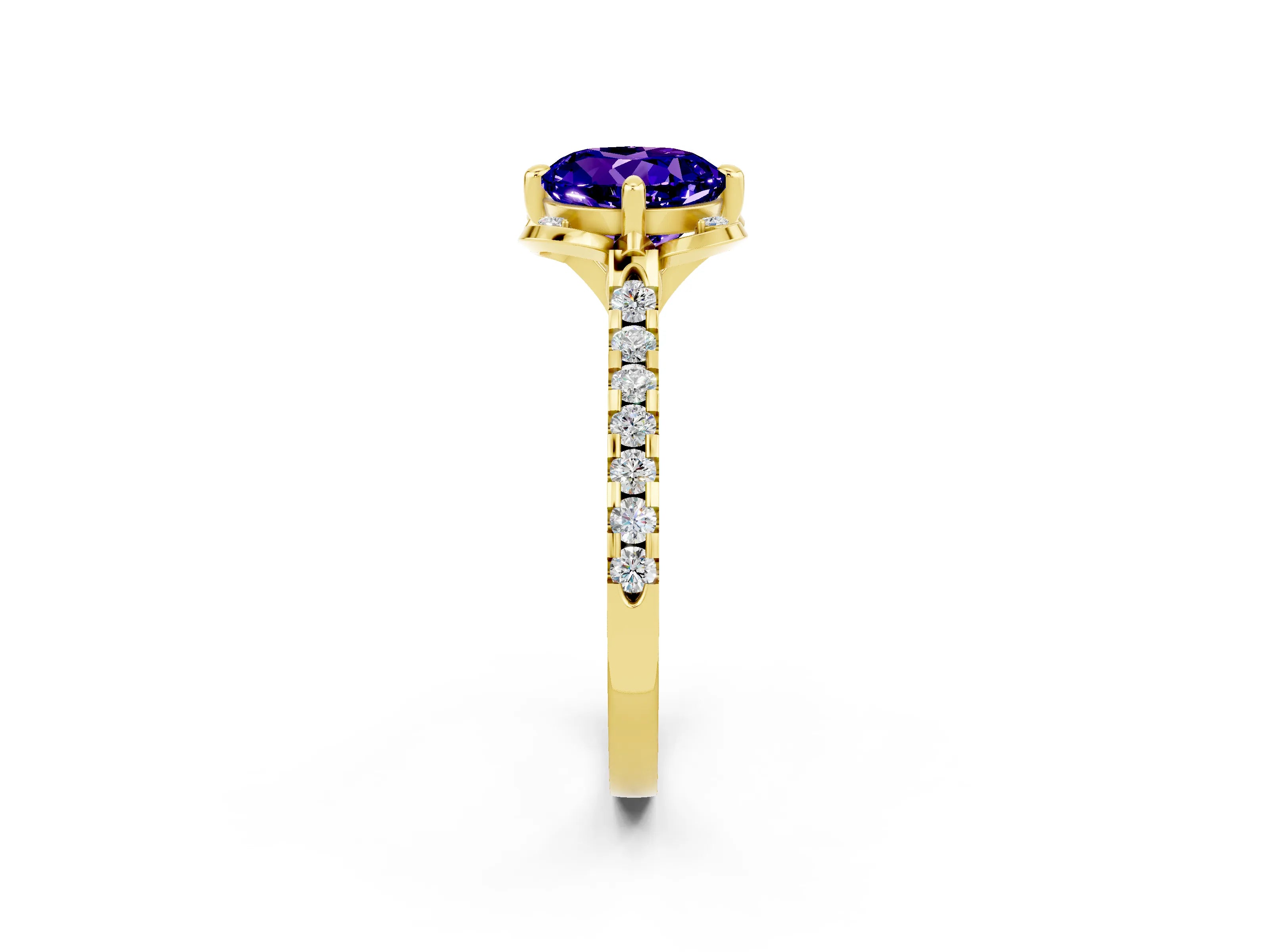 Yellow gold Round Cut Tanzanite Ring with Pavé Band and Floral Prong Setting_2