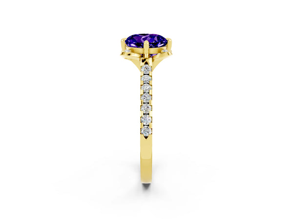 Yellow gold Round Cut Tanzanite Ring with Pavé Band and Floral Prong Setting