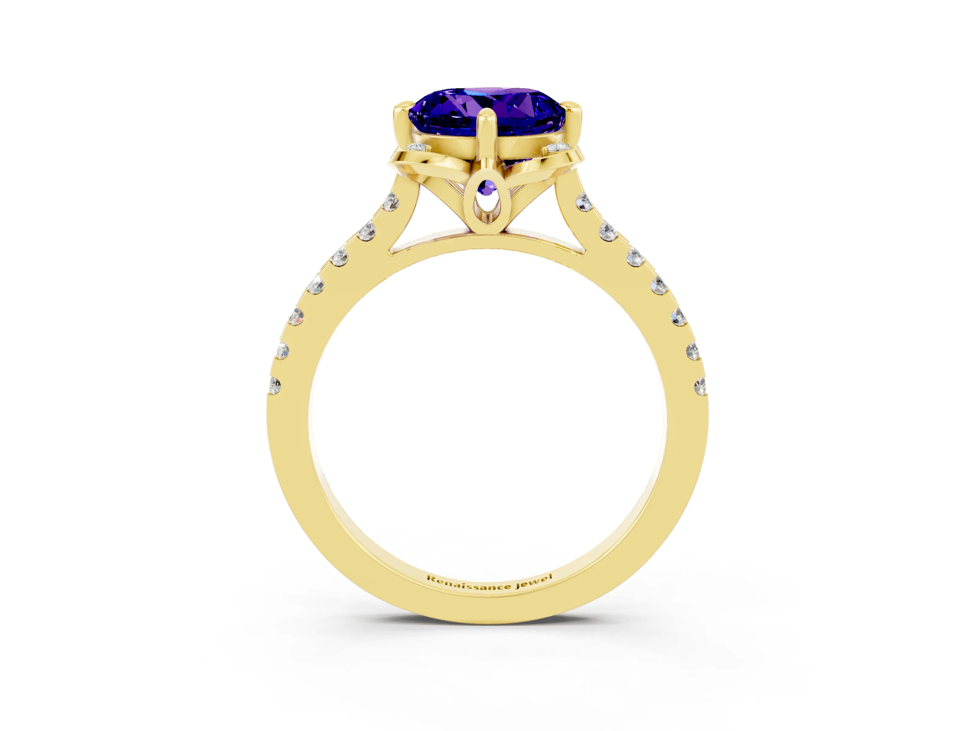 Yellow gold Round Cut Tanzanite Ring with Pavé Band and Floral Prong Setting_3