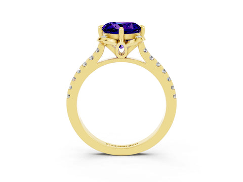 Yellow gold Round Cut Tanzanite Ring with Pavé Band and Floral Prong Setting_3