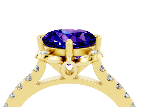 Yellow gold Round Cut Tanzanite Ring with Pavé Band and Floral Prong Setting_4