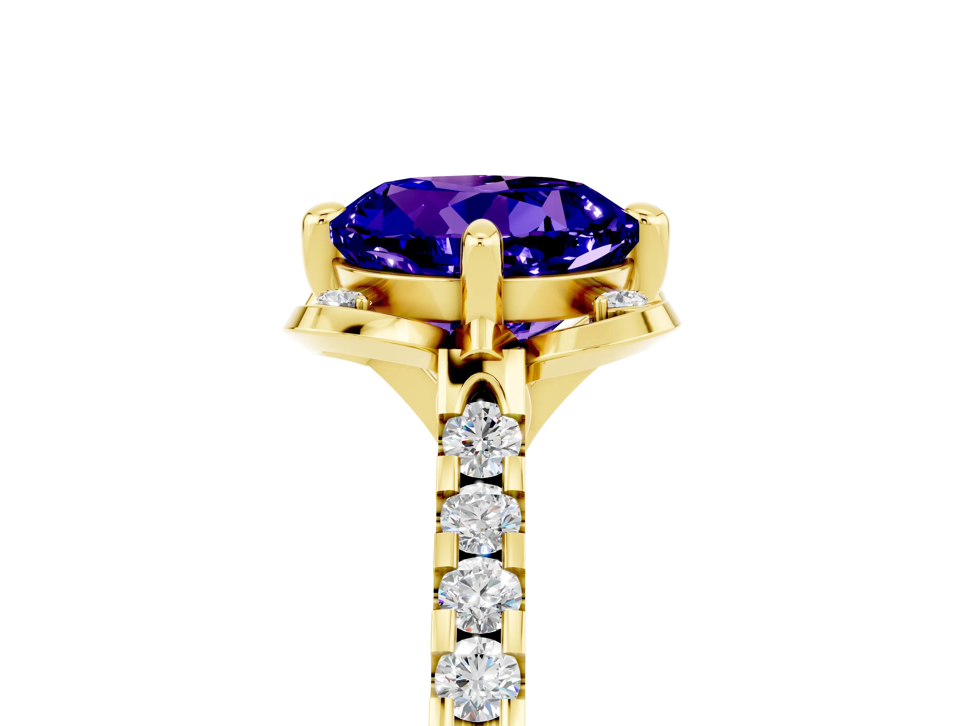 Yellow gold Round Cut Tanzanite Ring with Pavé Band and Floral Prong Setting_5