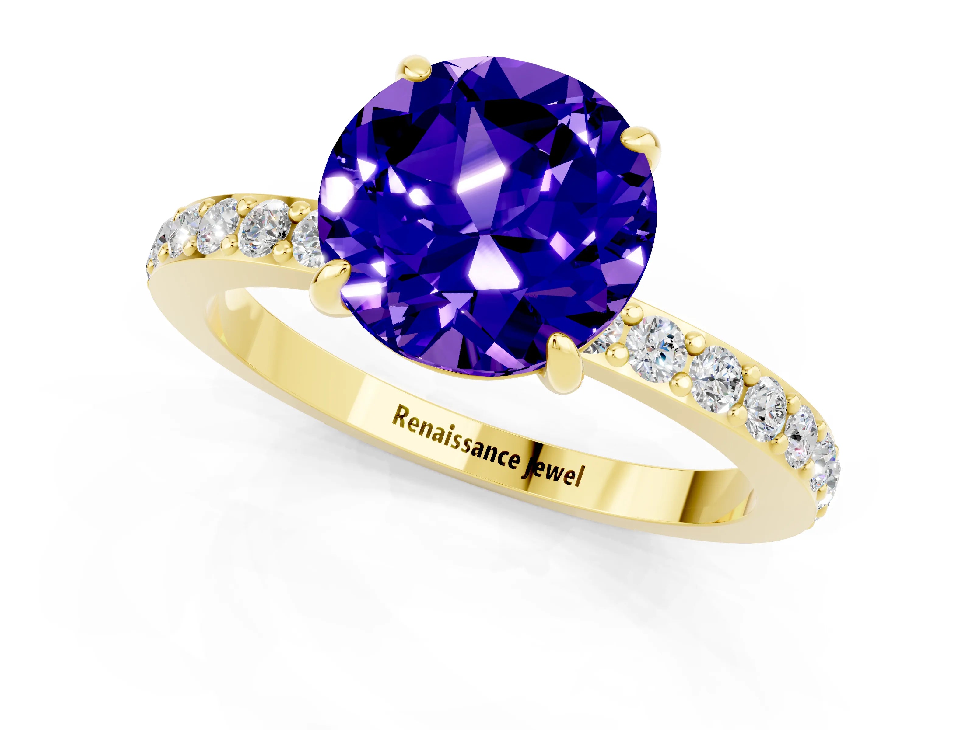 Yellow gold Round Cut Tanzanite Ring with Pavé Band and Four-Prong Setting_1