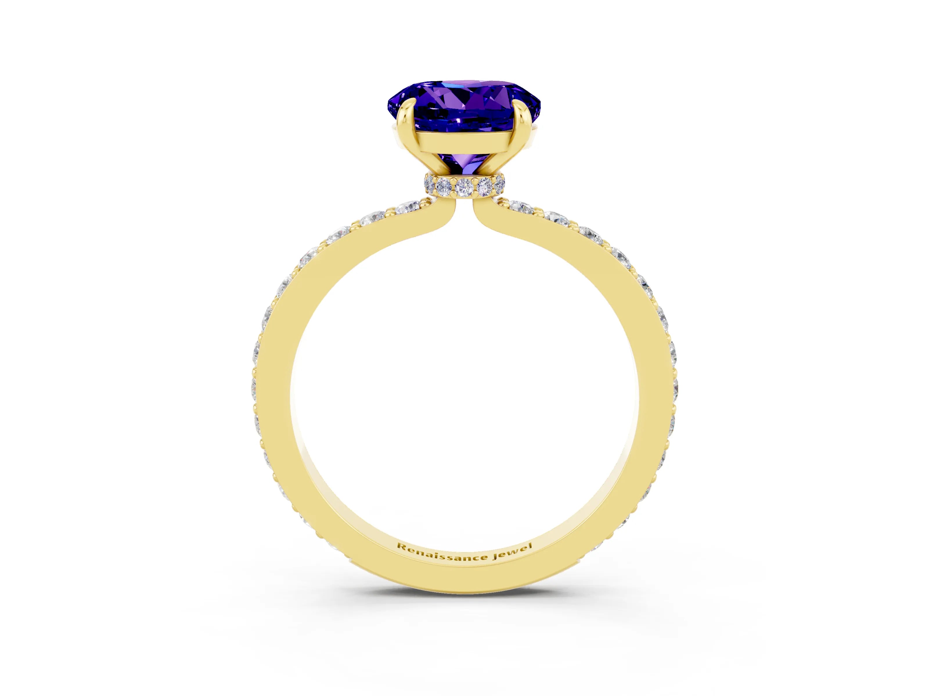 Yellow gold Round Cut Tanzanite Ring with Pavé Band and Four-Prong Setting_3
