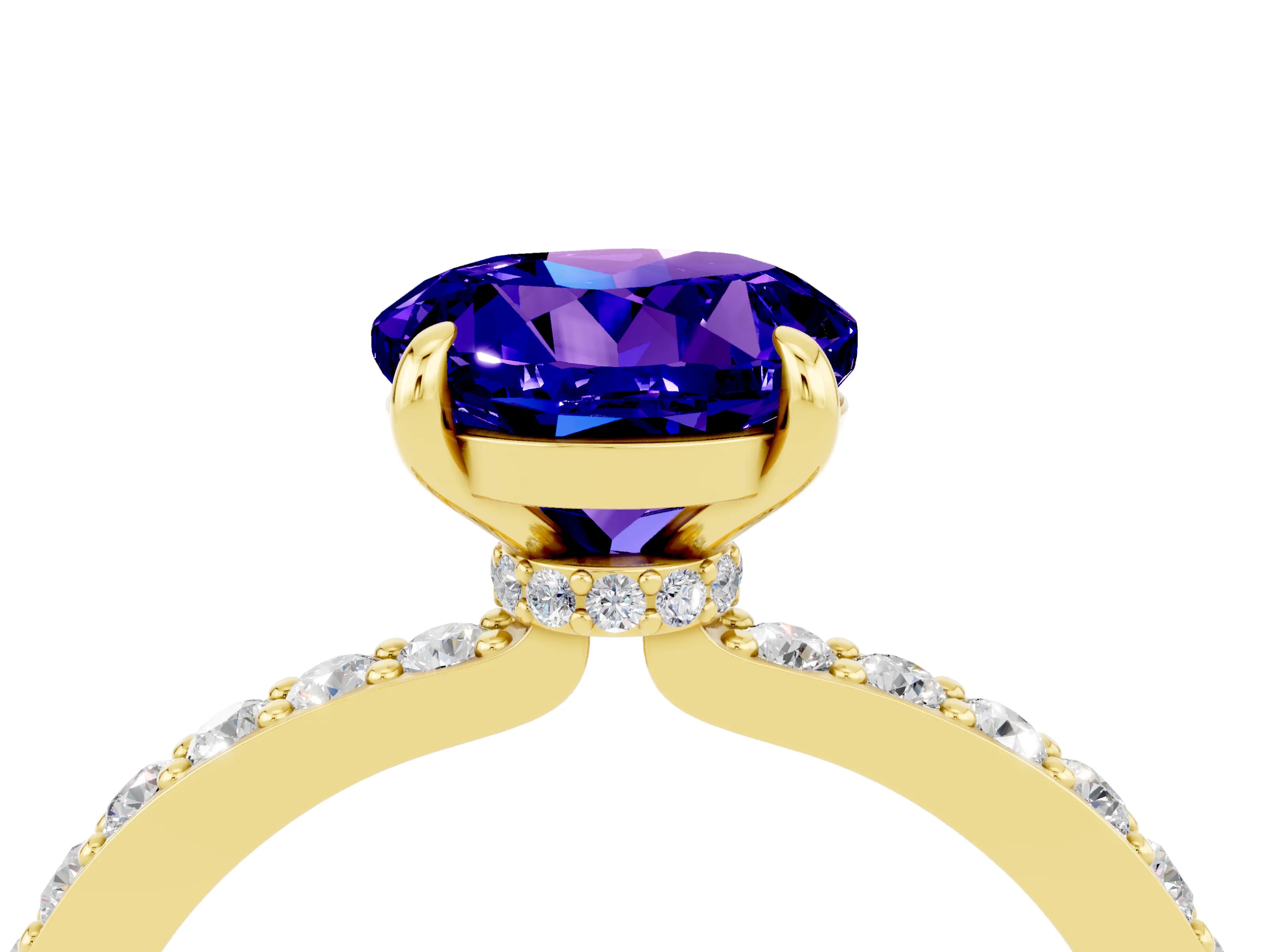 Yellow gold Round Cut Tanzanite Ring with Pavé Band and Four-Prong Setting_4