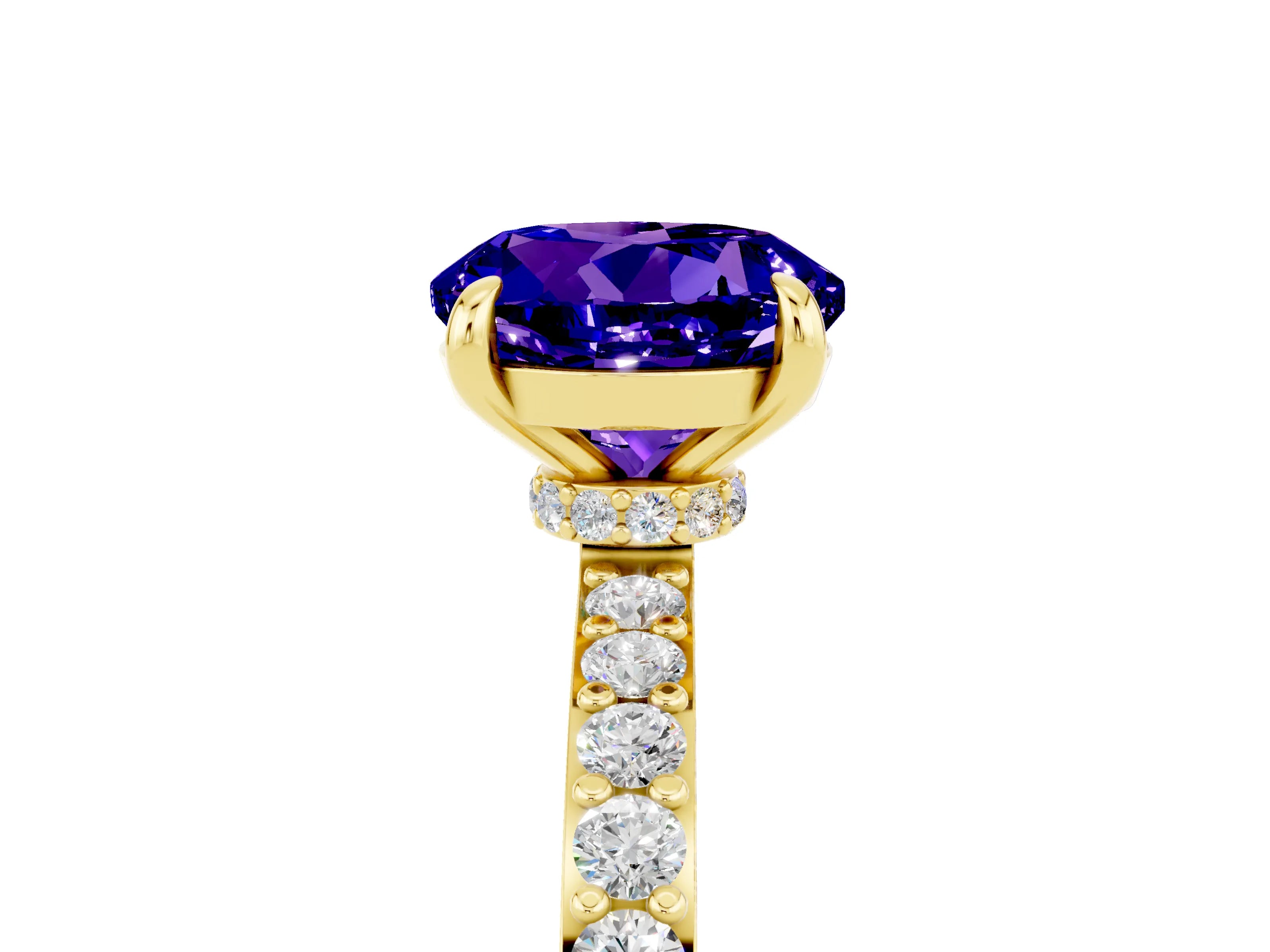 Yellow gold Round Cut Tanzanite Ring with Pavé Band and Four-Prong Setting_5