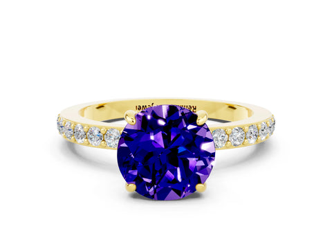 Yellow gold Round Cut Tanzanite Ring with Pavé Band and Four-Prong Setting