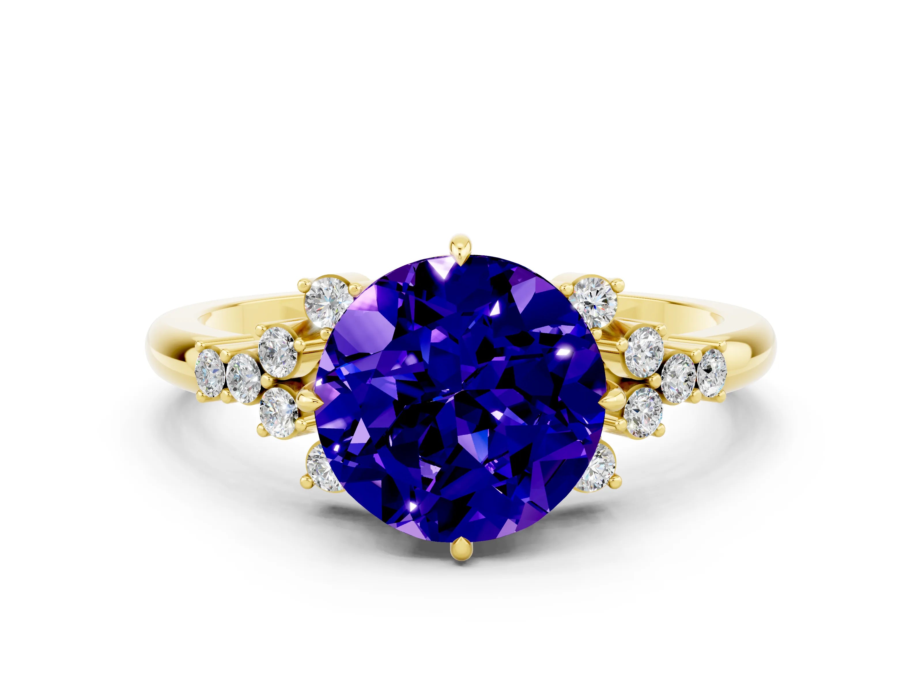 Yellow gold Round Cut Tanzanite Ring with Side Stones and Four-Prong Setting_36