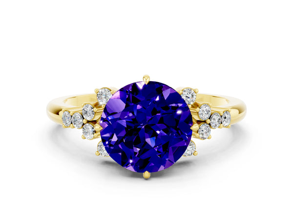 Yellow gold Round Cut Tanzanite Ring with Side Stones and Four-Prong Setting