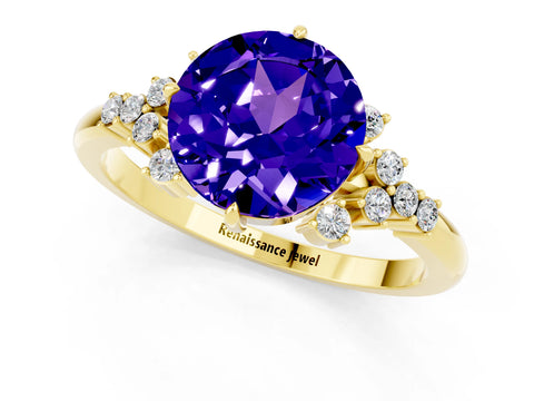 Yellow gold Round Cut Tanzanite Ring with Side Stones and Four-Prong Setting_37