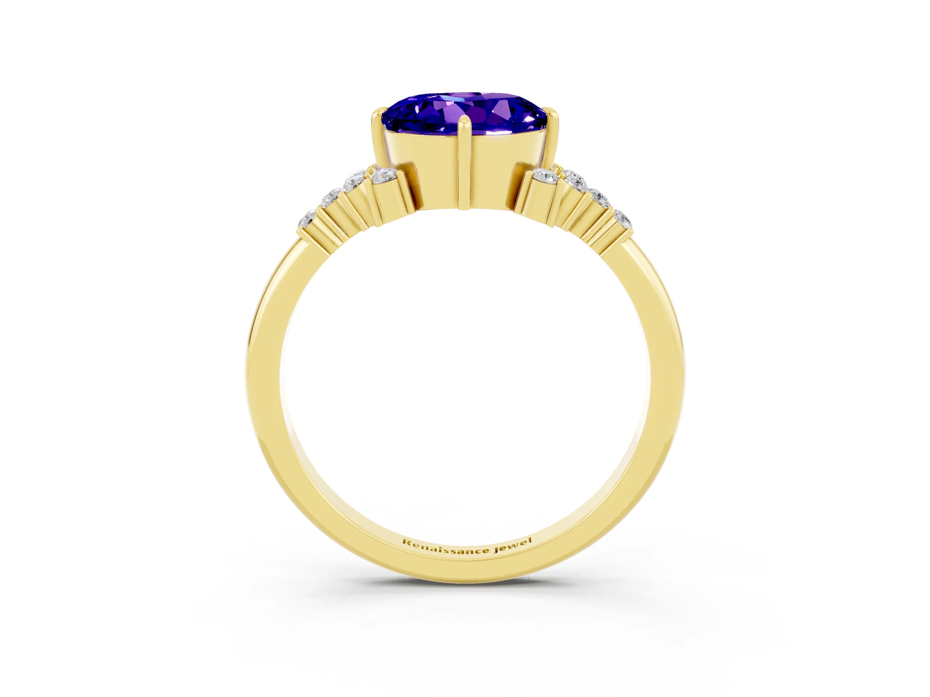 Yellow gold Round Cut Tanzanite Ring with Side Stones and Four-Prong Setting_39