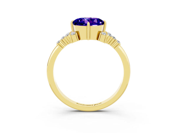 Yellow gold Round Cut Tanzanite Ring with Side Stones and Four-Prong Setting