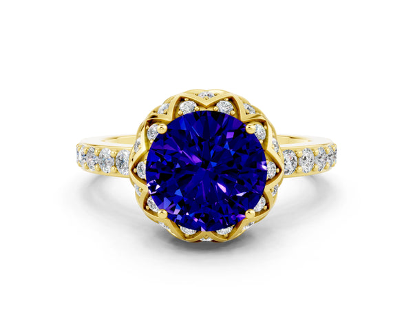 Yellow gold Round Cut Tanzanite Scalloped Halo Engagement Ring with Round Shared Prong Band